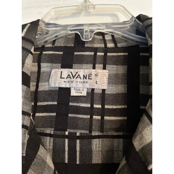 LaVane Men's Size Large Short Sleeve Button Up Shirt Black White Plaid - Picture 2 of 4